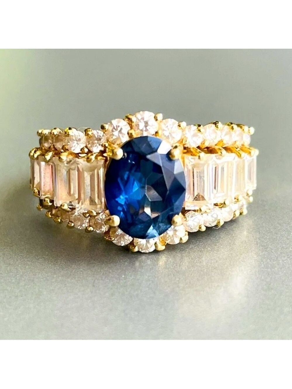 14k Gold Sapphire & Diamonique Cubic Zirconia 3 Row Cocktail Ring